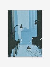 Blue city street poster with a lone car on a snowy road, tall buildings and street lamps