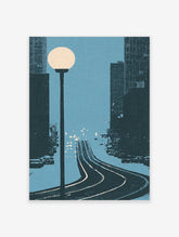 Blue city street poster with glowing street lamp, curved road, and dark building silhouettes at night