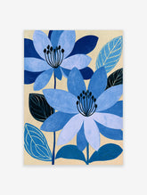 Blue clematis flower art print with layered petals, dark stamens, and stylised leaves on beige background