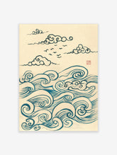 Blue line art print of stylised clouds, swirling waves, and birds on cream paper