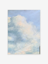 Blue and cream cloud sky poster with soft pastel texture and diagonal power lines