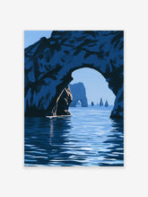 Illustrative coastal wall art of a natural rock arch over the sea with sailboats in a blue monochromatic palette