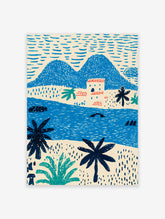 Blue coastal landscape art print with mountains, white building, palm trees, sea, boat, and whale tail