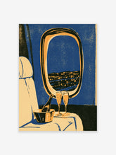 Blue coastal night art print with mirror reflecting city lights, champagne flutes and ice bucket on table