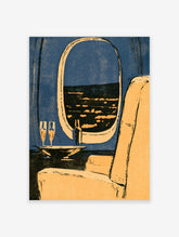 Blue coastal wall art print of an oval mirror reflecting a night seascape with champagne flutes and an armchair