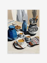 Painterly blue coffee art poster depicting a still life with traditional coffee pots, cups, and a bowl of nuts.