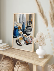 Painterly blue coffee art poster depicting a still life with traditional coffee pots, cups, and a bowl of nuts. - Image 4