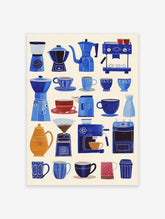 Poster of blue and orange illustrated coffee makers, cups, and accessories on a light background for kitchen decor.