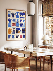 Poster of blue and orange illustrated coffee makers, cups, and accessories on a light background for kitchen decor. - Image 2