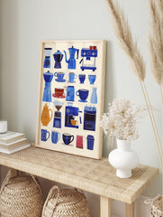 Poster of blue and orange illustrated coffee makers, cups, and accessories on a light background for kitchen decor. - Image 4