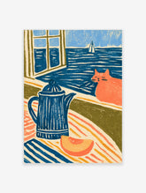 Blue coffee pot and orange cat poster with sea view and sailboat through a window