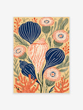 Stylised blue shells and pink coral sea flowers on a beige background, coastal wall art print