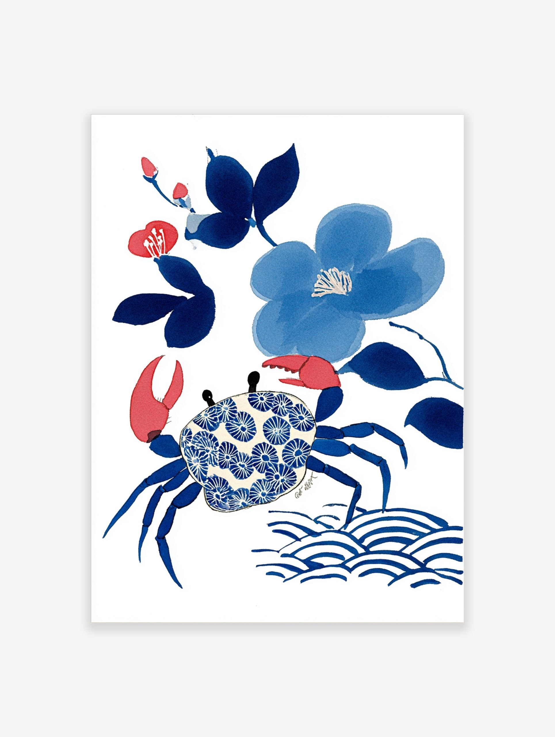 Blue crab with patterned shell, blue flowers, and red buds illustration art print on white background
