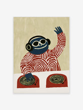 Blue DJ monkey wearing headphones and sunglasses at a turntable, illustrative graphic art print on a beige background