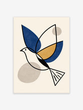Geometric dove art print with navy and gold wings and beige circles on cream background