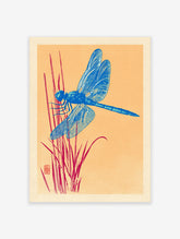 Blue dragonfly illustration on red reeds against an orange background, Japanese style art print with a red stamp.
