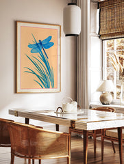 Blue dragonfly print on orange background with green reeds in a Japanese illustration style, framed by red line. - Image 2