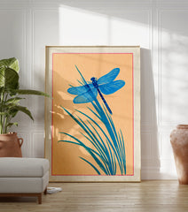 Blue dragonfly print on orange background with green reeds in a Japanese illustration style, framed by red line. - Image 3