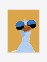 Stylized illustrative blue duck wearing round blue-tinted sunglasses on a solid mustard yellow background