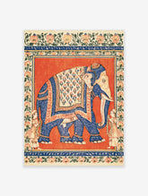Blue elephant Indian miniature art print with floral saddle and attendants on red ground