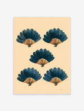 Five illustrative blue and orange-brown fans arranged symmetrically on a beige background