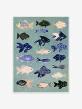Blue and white Japanese fish illustration poster with fifteen patterned fish on a soft blue-grey background