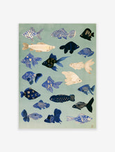 Japanese fish art print with blue and white patterned goldfish and koi on a pale green background