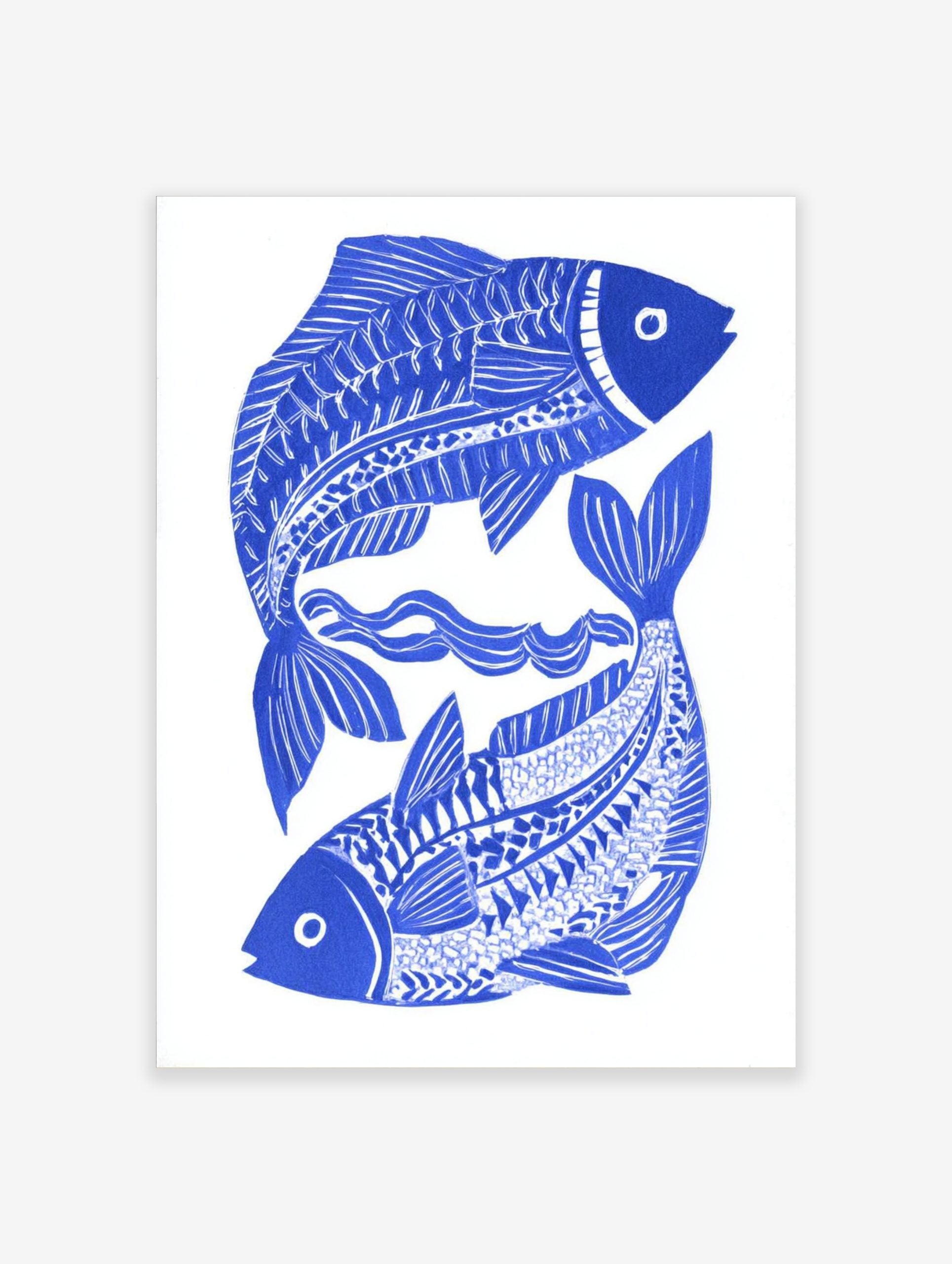 Blue and white illustrative print of two stylised fish intertwined with wavy lines on a white background