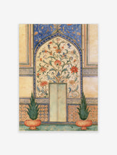 Blue floral arch wall art print with central vase of red and orange flowers on cream ground