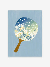 Blue and white hand fan poster with flowers, leaves, petals and butterflies on a blue background