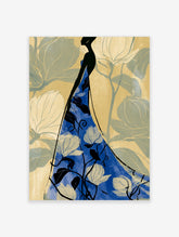 Blue floral maxi dress poster with black silhouette woman and cream flowers on cream background