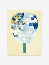 Blue floral art print with orange and white blossoms, teal leaves, and two butterflies