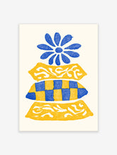 Blue flower geometric poster with checkerboard and scroll motifs on white background