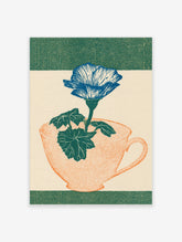 Blue flower in peach teacup with green leaves on cream background, botanical art print
