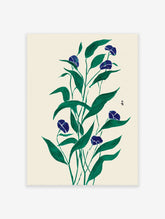 Japanese style blue flower botanical wall art print with green leaves on a cream background, illustrated artwork