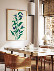 Japanese style blue flower botanical wall art print with green leaves on a cream background, illustrated artwork - Image 2