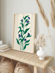 Japanese style blue flower botanical wall art print with green leaves on a cream background, illustrated artwork - Image 3