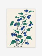 Blue flower botanical illustration with green leaves in a Japanese art style on a cream background.