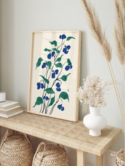 Blue flower botanical illustration with green leaves in a Japanese art style on a cream background. - Image 3