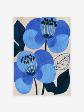Blue flower wall art print with two stylised blooms, navy leaves, and yellow stamens on beige