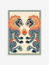 Blue foo dog wall art with mirrored guardian lions and central flaming pearl on cream background