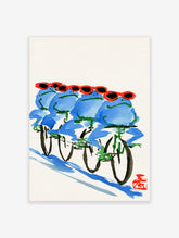 Blue frogs with red sunglasses riding bicycles watercolour poster