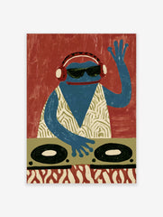 A blue frog DJ wearing headphones and sunglasses behind turntables, graphic illustrative wall art on a red background