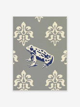 Blue and white frog illustration on grey background with cream damask pattern, animal wall art print