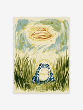 Blue frog with yellow halo in grass under a red UFO in a starry sky, surreal illustration print
