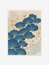 Blue and gold ginkgo leaf botanical wall art print with a Japanese-inspired pattern and wavy blue stripes.
