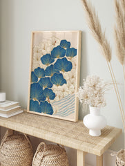 Blue and gold ginkgo leaf botanical wall art print with a Japanese-inspired pattern and wavy blue stripes. - Image 3