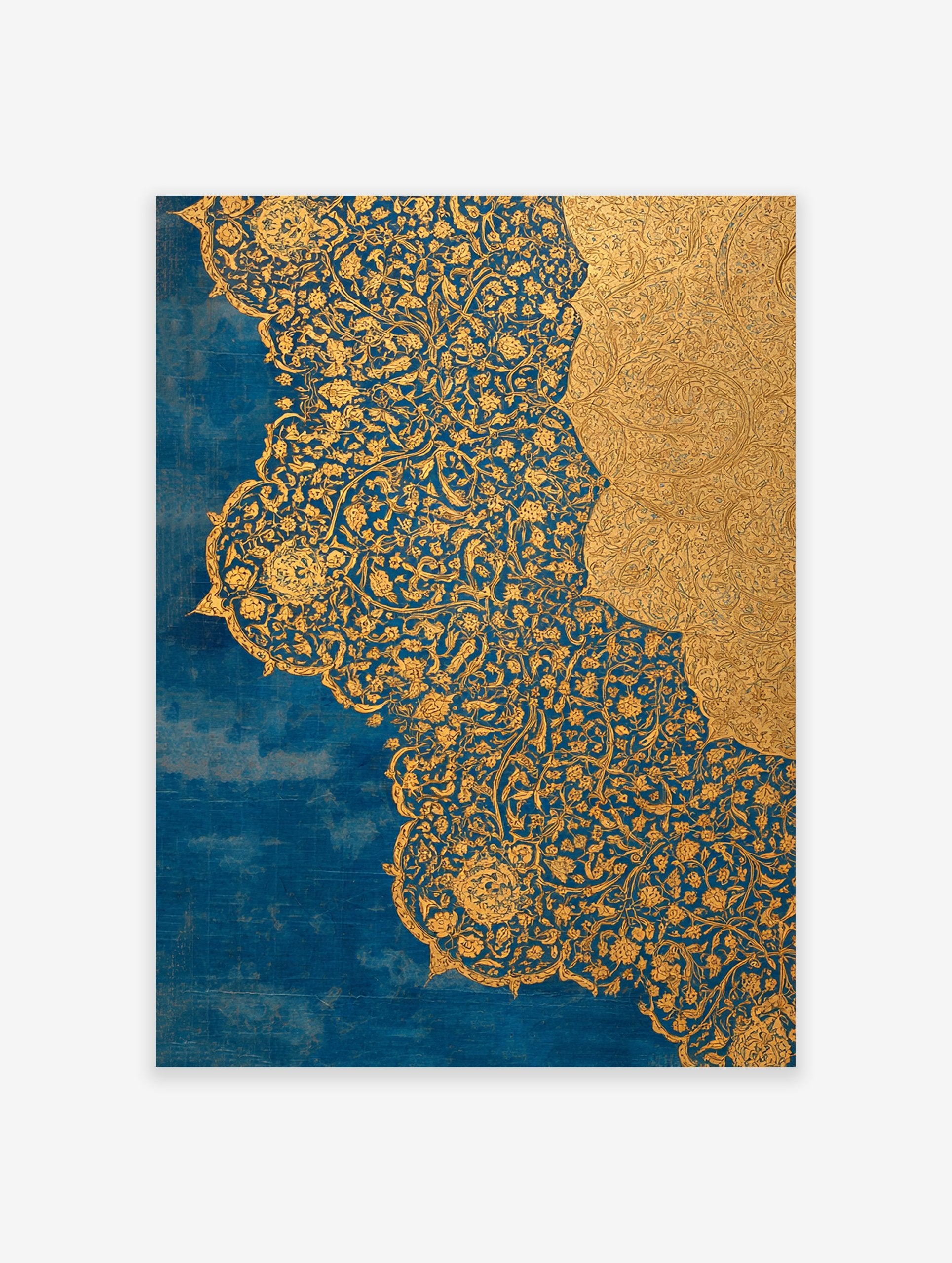 Blue Gold Floral Wall Art featuring intricate, ornate gold patterns of flowers and vines on a rich blue background, with overlapping gold sections.