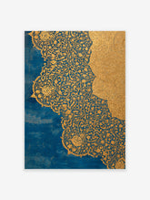 Blue Gold Floral Wall Art featuring intricate, ornate gold patterns of flowers and vines on a rich blue background, with overlapping gold sections.