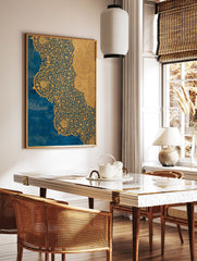 Blue Gold Floral Wall Art featuring intricate, ornate gold patterns of flowers and vines on a rich blue background, with overlapping gold sections. - Image 2